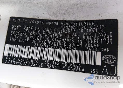 2013 Toyota Corolla Le z USA, uszkodzony, nr VIN 2T1BU4EEXDC057004